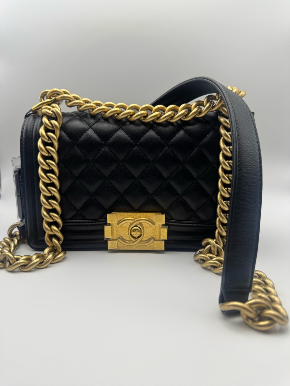 Microchipped CHANEL Black Quilted Shoulder Bag with Gold Chain and CC Lock